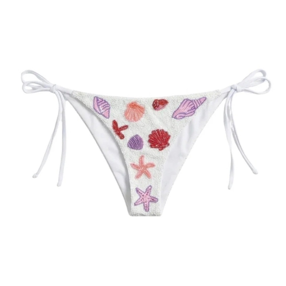 Oceanus Helia Bikini Bottom White Multi Beaded Shell Starfish Side Tie NWT L